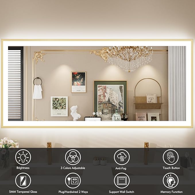 60x28 LED Bthroom Mirror with Gold Metal Frame, Dimmable Lighted Mirror with Backlit and Front-lit,LED Vanity Mirror for Wall, Memory Function, Tempered Glass, Anti-Fog