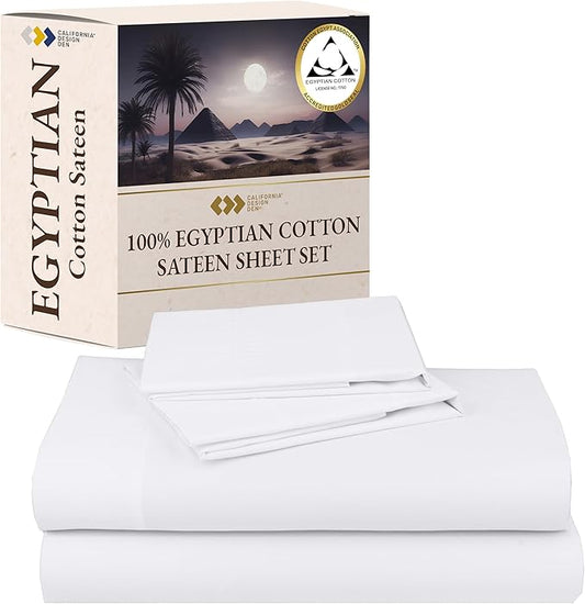 California Design Den Certified 100% Egyptian Cotton Bed Sheets Full, Deep Pocket Full Size Sheets Set, Sateen Cooling Sheets for Hot Sleepers, White Cotton Sheets Full