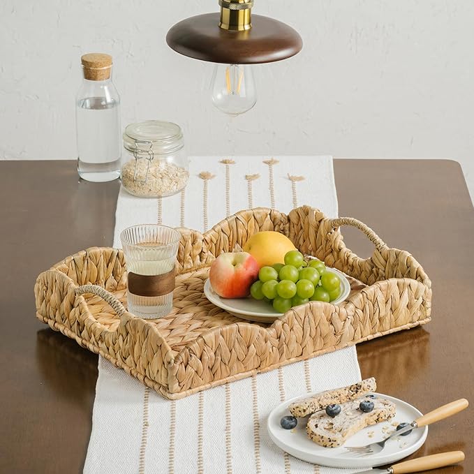 Water Hyacinth Serving Tray, Handwoven Woven Tray with Handles and Scalloped Edge, Rectangle Wicker Basket for Home Decor and Organizing, 16.9" L x 12.9" W x 1.96" H
