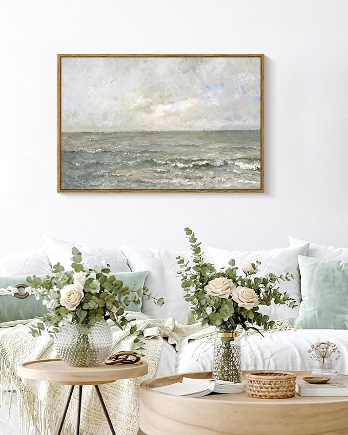 VIYYIEA Ocean Landscape Large Framed Wall Art, Seascape Vintage Paintings Art Decor Aesthetic, Canvas Print Artwork, Calming Sea Wall Pictures for Bedroom Bathroom Office, 24x36 Inch