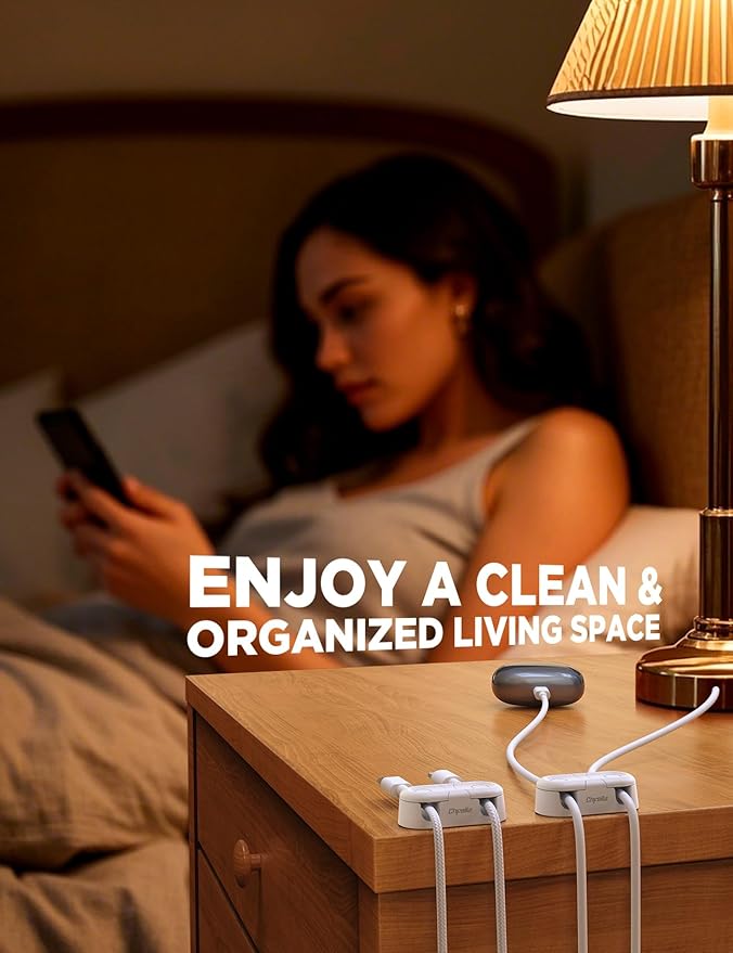 Magnetic Cable Clips - Chfeila 4Pack [Dual Slot] [360°Rotating & Twist-Lock] Cord Management, Adhesive Phone Charging Keeper, Wire Organizer Holder for Nightstand, Home Office Desk Accessories Decor