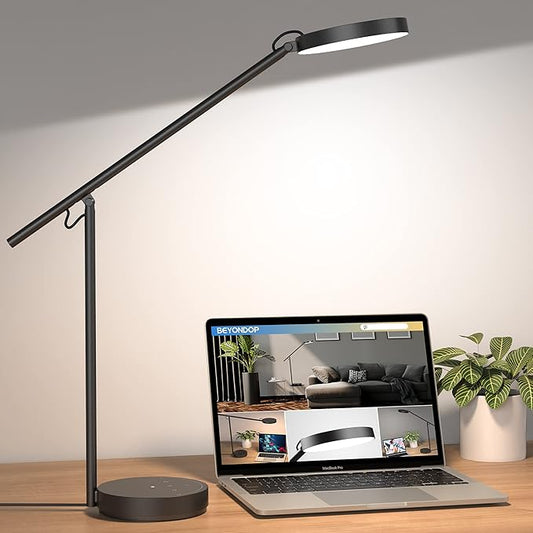 Desk Lamps for Home Office with Stable Base, Adjustable Swing Arm Table Lamp, Eye Caring Lamp for Reading, Work, Bedroom, Bedside, Memory Light Dimmable with 3-Color Modes & 9-Brightness