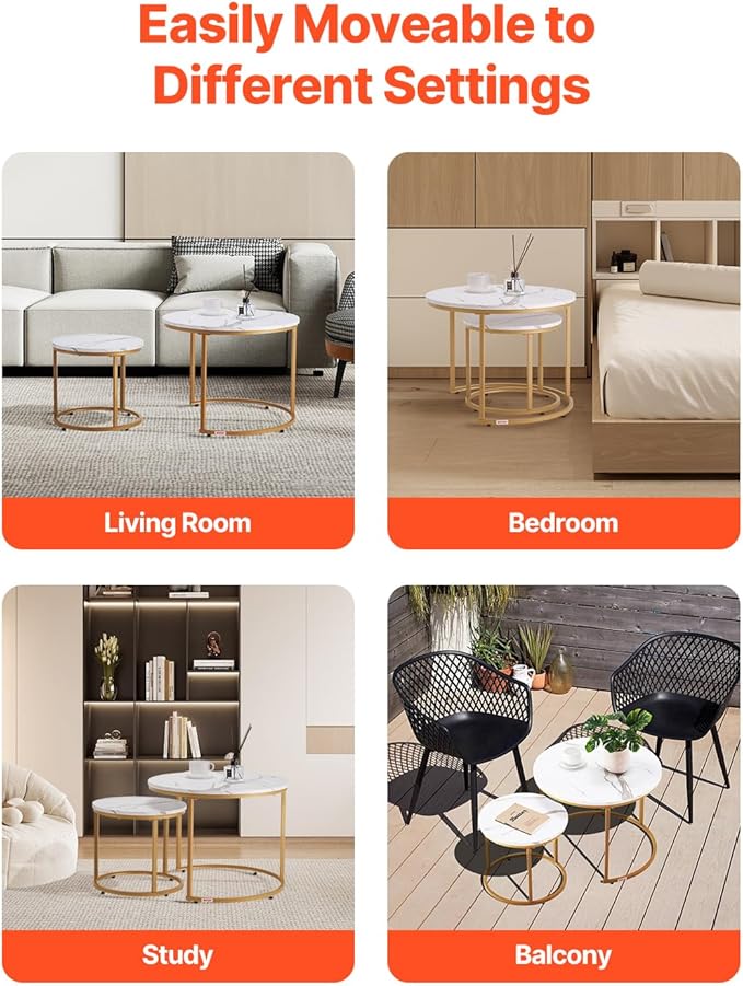 VEVOR Nesting Tables, Coffee Table Set of 2, 23.6 inch Round Coffee Table, Small Coffee Tables Night Stand with Metal Frame, for Living Room, Bedroom, Office (White & Gold)