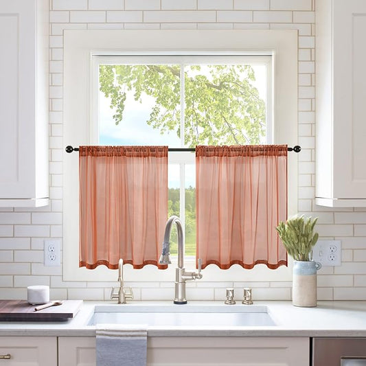 MIULEE Short Sheer Curtains 24 Inch Length for Kitchen Bathroom Cafe Half Window Treatment, Terracotta Rod Pocket Tier Fall Curtains 2 Panels 29x24 Inches Long, Burnt Orange
