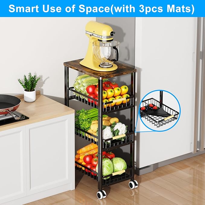 Fruit Vegetable Storage Basket for Kitchen, 4 Tier Large Pull-Out Metal Wire Baskets with 3 Pack Mats Bottom, Wood Top and Wheels, Vegetable Produce Bins Stand Cart Rack for Onions and Potatoes