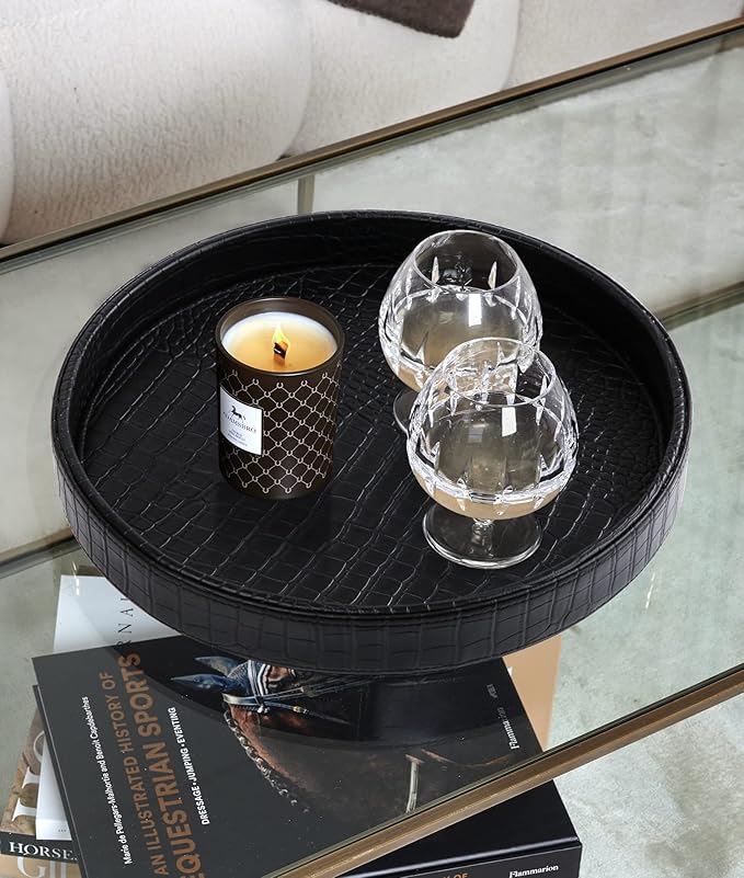HofferRuffer Faux Leather Round Serving Tray, Vegan Croco Leather Decorative Tray, Food Tray for Storage Drinks, Snack & Cosmetics, Dia.12'' x 1.6'' (Black)