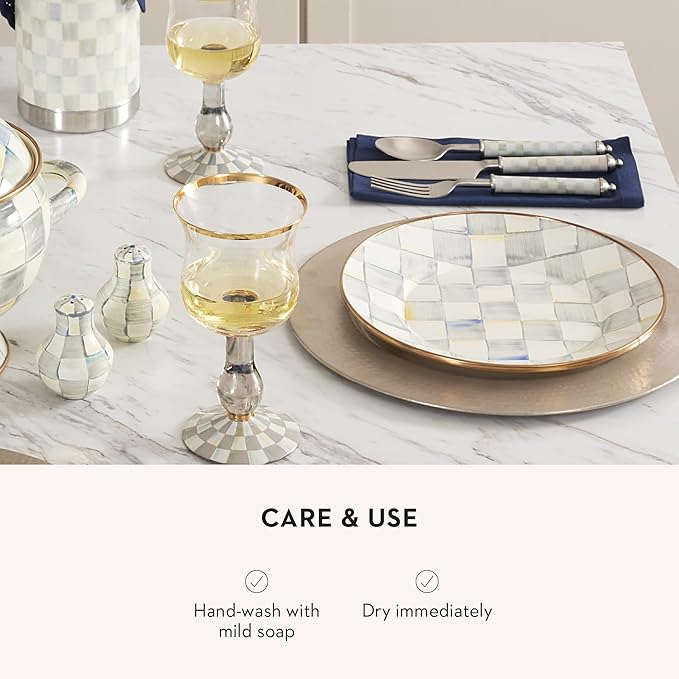 MACKENZIE-CHILDS Supper Club 3-Piece Place Setting, Fork, Spoon, and Knife Dinner Flatware Set, Gray-and-White Sterling Check