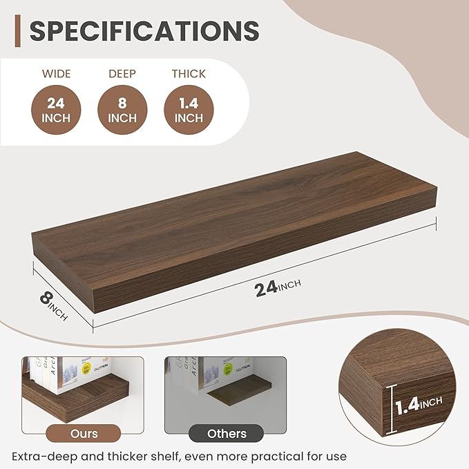 24 Inch Floating Shelves, 8 Inch Deep Floating Shelves for Wall, Hanging Shelf with Invisible Brackets, Deep Shelves for Bathroom, Bedroom, Living Room, Walnut, Set of 2
