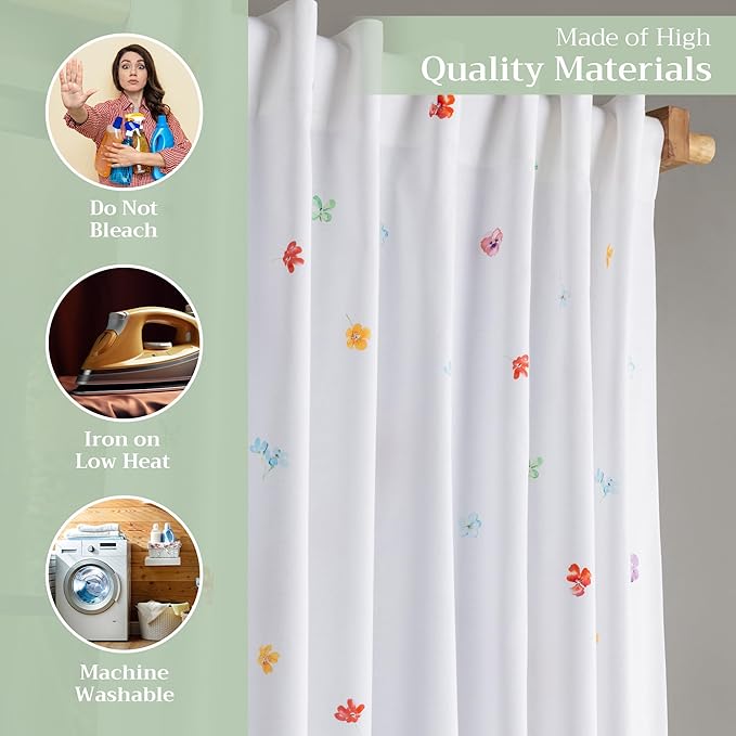 Maison d'Hermine Curtains for Living Room 100% Cotton 124 inch Length One Panel Window Toile Curtains for Bedroom with Loop & Rod Pockets, Gifts for Mothers Day (Summer Whisper, 50" W x 124" L)