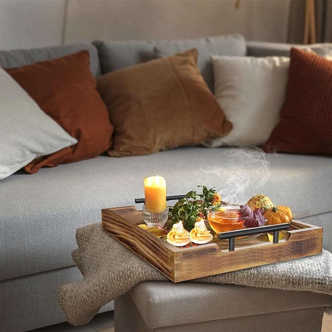 Butizone Wood Serving Tray with Handles, Rustic Ottoman Tray for Breakfast in Bed, Coffee Table, Entertaining, Home Decor, Decorative Nesting Trays, Ideal for Kitchen, Bedroom, Living Room, Set of 2