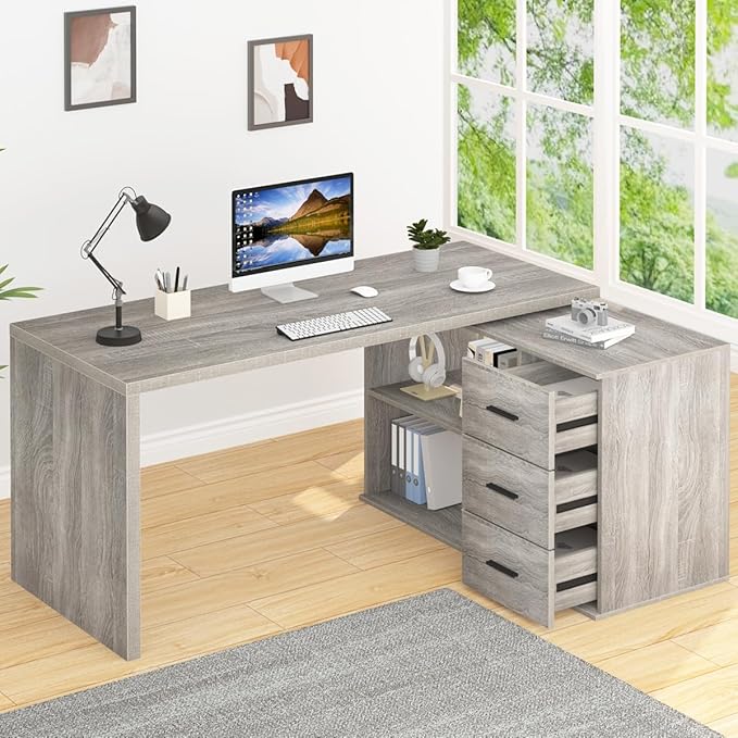HSH 360° Rotating L Shaped Computer Desk with 3 Drawers and 2 Shelves, Home Office Swivel Desk for Work Writing Study Gaming, Reversible Wood Corner Desk with Storage Cabinet, Light Grey Oak, 55 Inch