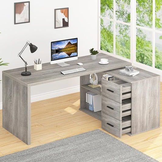 HSH 360° Rotating L Shaped Computer Desk with 3 Drawers and 2 Shelves, Home Office Swivel Desk for Work Writing Study Gaming, Reversible Wood Corner Desk with Storage Cabinet, Light Grey Oak, 55 Inch