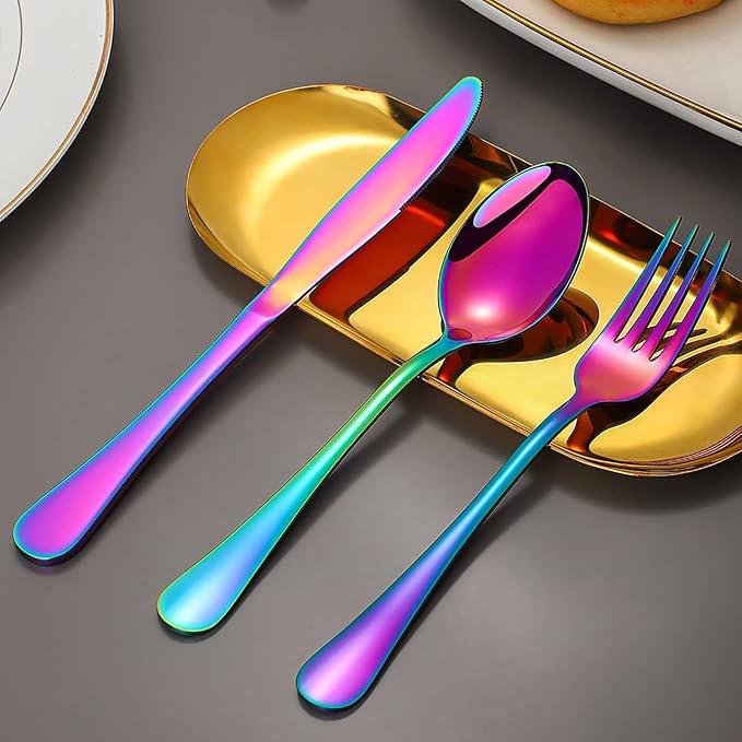 60 Pieces Rainbow Silverware set for 12, Compralo Colorful Stainless Steel Flatware Cutlery Set, Kitchen Utensils Set Include Knife Fork Spoon, Tableware Set With Titanium Plated, Dishwasher Safe