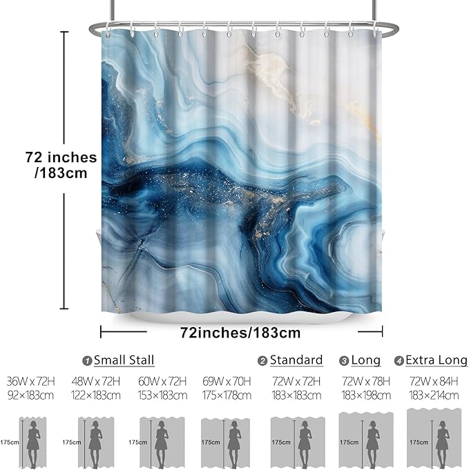 Renaiss Blue Ombre Marble Shower Curtain Modern Large Waterproof Fabric Gold Gilt Design Bathroom Shower Curtain Abstract Bath Accessories Set Hooks Hotel Home Luxury Decor Washable 72" W x 84" L