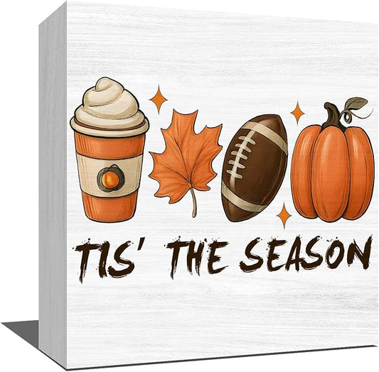 Thanksgiving Fall Home Decor, Farmhouse Maple Leaves Pumpkin Wooden Box Sign, Autumn Harvest Home Office fall things 5 x 5 Inches