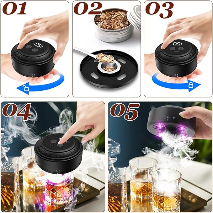 Whiskey Smoker Kit, Electric Cocktail Kit with 6 Flavors Wood Chips Old Fashioned Drink Smokers Infuser Set Anniversary Birthday Christmas Bourbon Gifts for Men Dad Husband (NO Butane Needed)