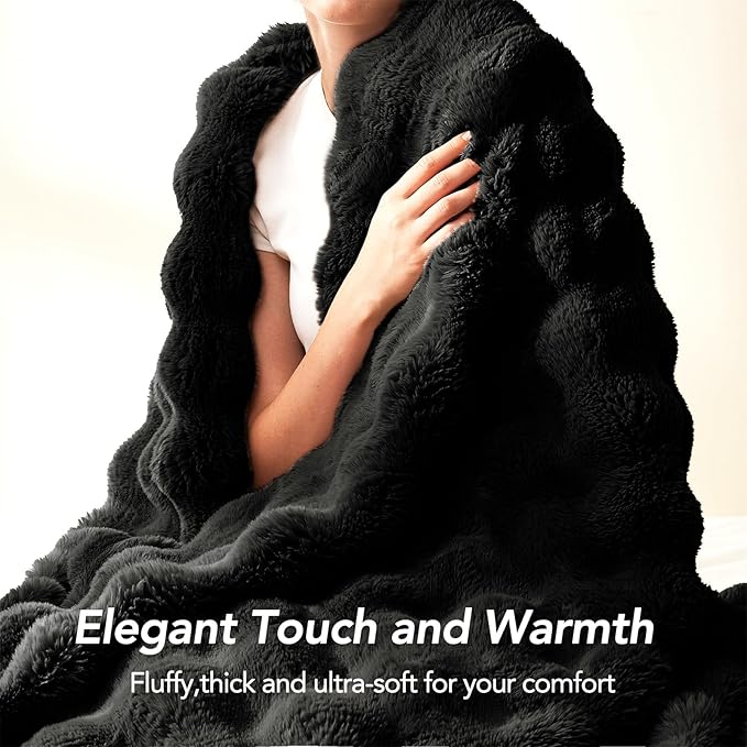 L'AGRATY Faux Rabbit Fur Blanket: 60" x 80" Twin Luxury Soft Fluffy Thick Fur Throw Blanket for Couch Bed Sofa - Cozy Plush Bubble Blankets for Winter: Flannel Fleece Decorative Blanket(Black)