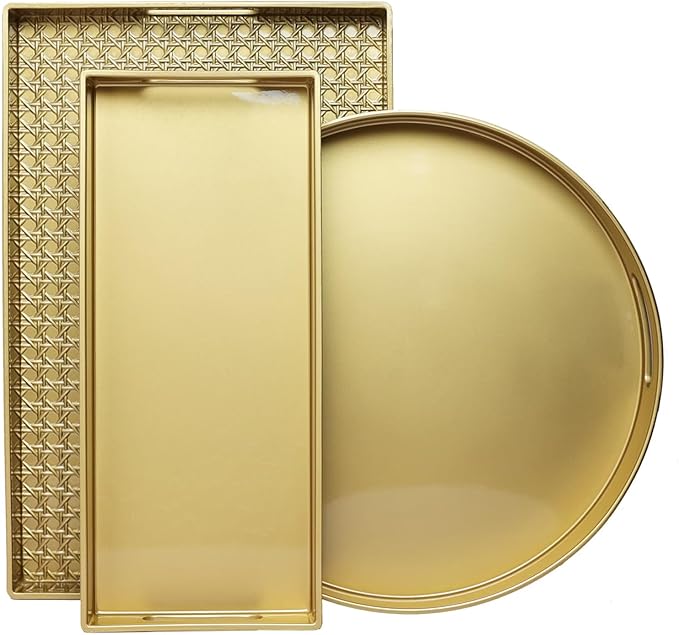 Gold Round Decorative Tray with Handles, 13" Elegant Coffee Table Serving Tray for Ottoman Living Room, Bathroom, Outdoors, Breakfast