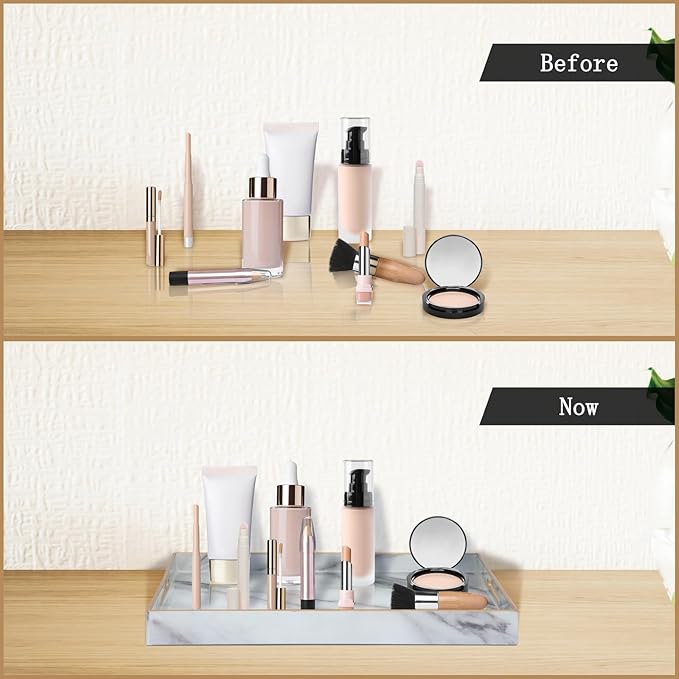 Serving Tray, Marble Plastic Food Trays for Eating on Lap Decor Coffee Tray with Handles Rectangular Non-Slip Candle Plate, 15.7"x11.8"x1.6" Large Drinks Platter for Kitchen/Living Room/Bedroom