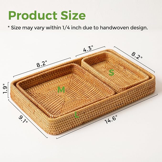 Rattan Serving Tray, Rectangle Basket Set of 3, Wicker Storage and Organizing Baskets, Natural Decorative Woven Tray for Home Decor, Bathroom, Kitchen Counter