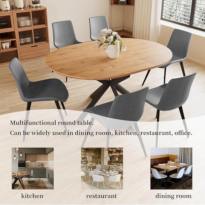 43.2"-59.1" Extendable Round Dining Table Set of 7, Round Kitchen Table with Thickened MDF Board, Oak Coffee Table,Steel Legs