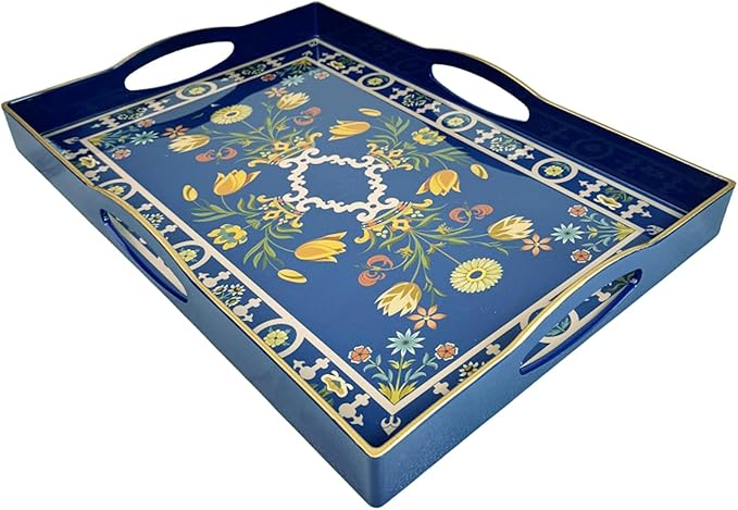 Boho Blue Decorative Tray, Serving Tray with 4 Handles, Plastic Tray for Coffee Table, Ottoman - Ideal for Living Room & Bathroom. 15” x 11” x 1.9”