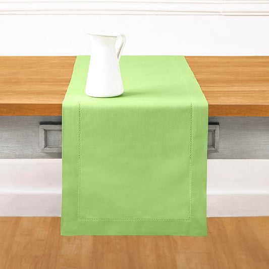Solino Home Cotton Linen Table Runner 120 Inches Long - Hemstitch Apple Green Dining Table Runner 14 x 120 Inch