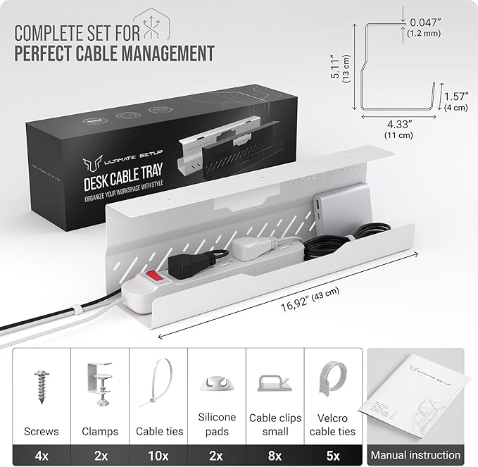 Under Desk Cable Management Tray no Drill – Wire Management - Cord Organizer – Huge Load Capacity – Under Desk Cable Tray no Drill (White, 1 Piece Set)