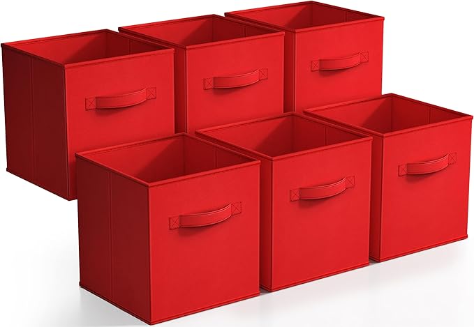 Sorbus Foldable Storage Cubes - 6 Fabric Baskets for Organizing Pantry, Shelf, Toy Box, Cubby, Closet Organizer - 11 Inch Collapsible Closet Organizers and Storage Bins - Red Storage Cubes with Handle