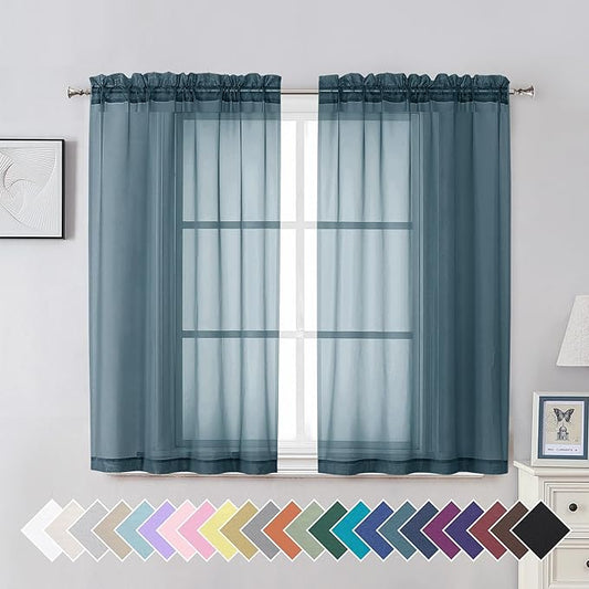 Aiyufeng Dusty Blue Sheer Curtains 45 inches Long, Short Kitchen Window Treatment Solid Sheers Cafe Curtains Bathroom Voile Half Window Curtains 2 Panels, Rod Pocket, 42" Wx45 L