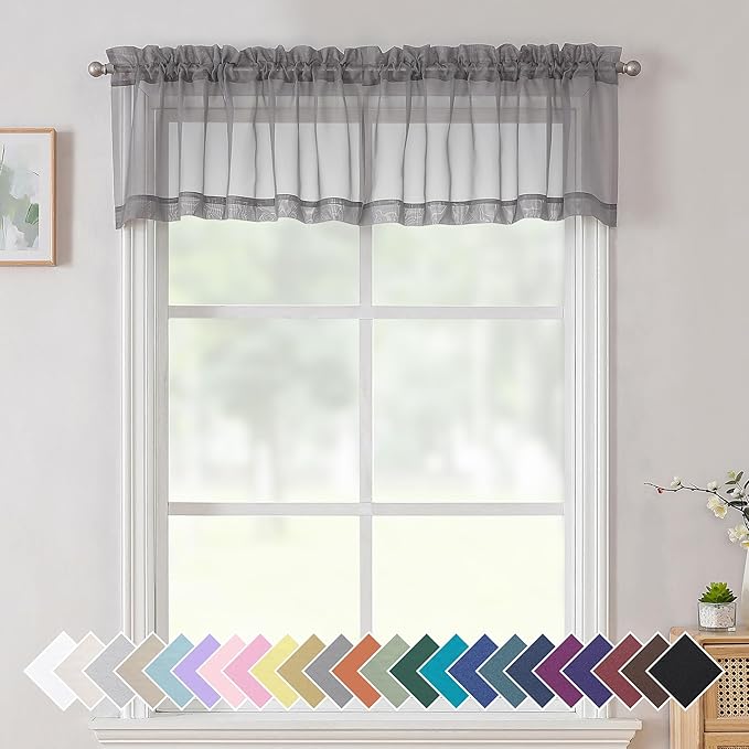 Aiyufneg 2 Panels Grey Sheer Valance - Short Fresh Sheer Curtain Valances for Windows Basement Semi Sheer Valances for Kitchen Window, Dual Rod Pocket (Grey, 40 by 14 Inches Long)