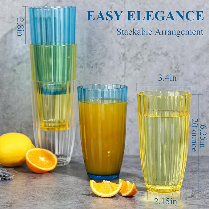 Acrylic Clear Highball Plastic Cups | Plastic Reusable Tumblers 20oz (Set of 8) | Stackable | BPA-free Tumblers | Shatterproof | Top-rack Dishwasher Safe