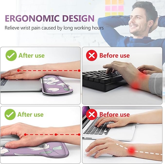 AIMSA Ergonomic Mouse Pad with Wrist Rest and Keyboard Wrist Rest, Ergonomic Memory Foam Wrist Support for Mouse and Keyboard, Easy Typing, Pain Relief, Purple Flower
