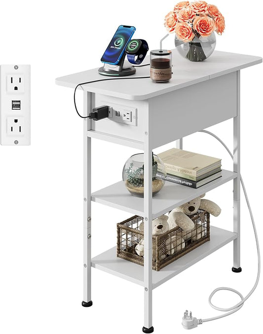 WLIVE End Table with Charging Station, Flip Top Side Table with Storage Shelf, Sofa Couch Table with USB Ports and Outlets, Narrow Bedside Table for Living Room, Bedroom ,11.81"D x 23.62"W x 24.33"H
