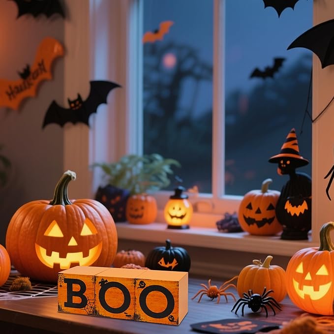 3 Pcs Halloween Wooden Tiered Tray Decor, Boo Decorations Gifts for Home, Halloween Table Centerpiece for Fall Party Kitchen