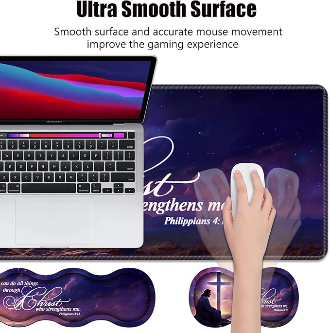 4 in 1 Ergonomic Memory Foam Mouse Pad Wrist Rest Set, Large XXL Gaming Desk Pad + Keyboard Wrist Rest + Mouse Wrist Cushion + Coaster for Home Office Study Gaming, Bible Verse Philippians 4:13