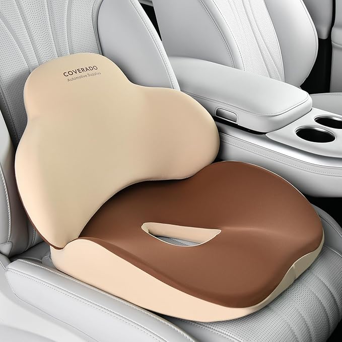 Coverado Car Seat Cushion and Lumbar Support Pillow, Memory Foam Ergonomic Back Support Driving Seat Cushion for Sciatica, Tailbone, Back Pain, Non-Slip Washable Cushion for Car, Driver, Office