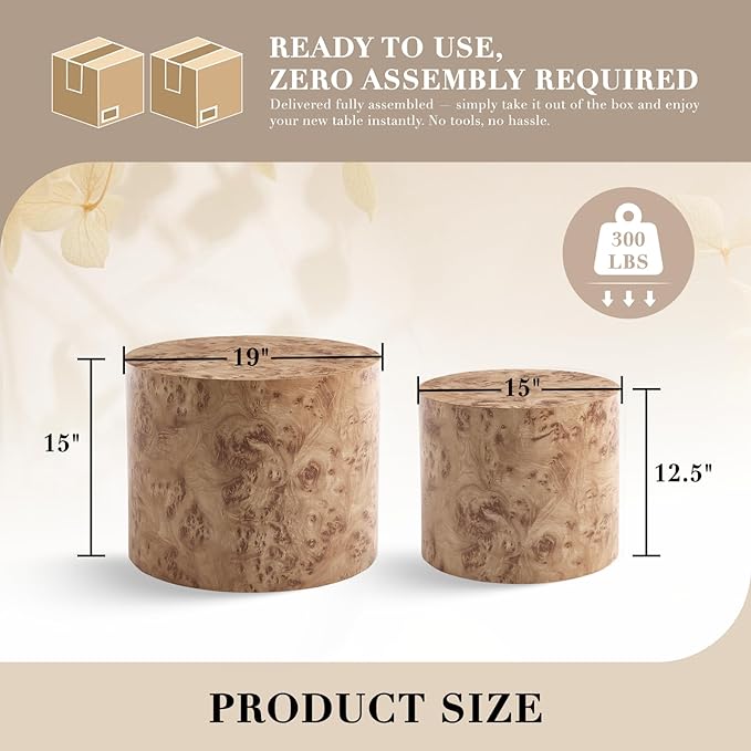 CIMOTA Round Wood Nesting Coffee Table Set of 2, Modern Circle Travertine End Side Table Sets for Living Room, Natural Burl Color/No Assembling