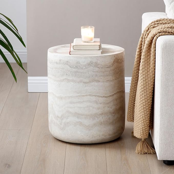 Faux Marble Coffee Table, Modern Round Coffee Table for Living Room, Circle Drum Coffee Side Tables, Fiberglass Center End Table for Small Place Apartment Office (15.74" Marble)