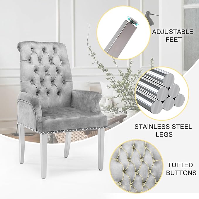 AODCHR Upholstered Velvet Accent Dining Chair, Elegant Tufted Dining Room Kitchen Room Arm Chair with Stainless Steel Leg, Light Grey