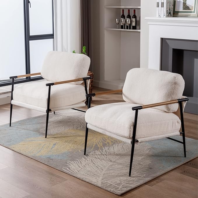 LukeAlon Mid Century Sherpa Accent Chairs Set of 2, Ultra Soft Living Room Chairs with Metal Legs Modern Armchairs Lounge Chairs Upholstered Comfy Leisure Chairs for Bedroom Reception Area, White