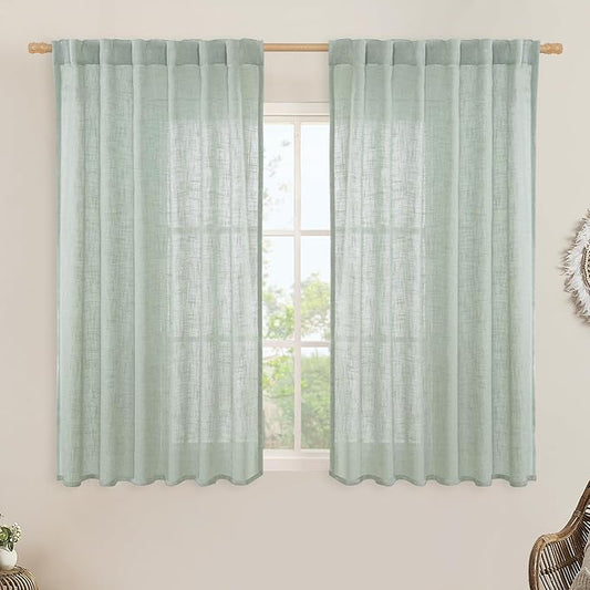 LAMIT Semi Sheer Linen Curtains 54 Inch Length 2 Panels, Light Sage Light Filtering Panels Back Tab and Rod Pocket Neutral Drapes for Kitchen/Window/Dining Room, 52 x 54 Inch