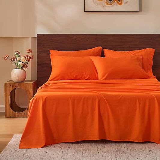 MEISHANG 100% French Pure Linen Sheets King Size - Bed Sheets 4 Piece Sets, Soft Durable Flax Linen, Anti-Tear Breathable Oeko-Tex Certified with 16" Deep Pocket (Orange)
