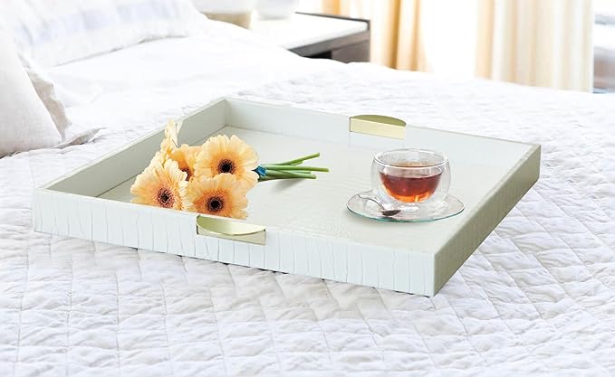 HofferRuffer Faux Leather Decorative Serving Tray, Elegant Coffee Table Ottoman Tray, Breakfast, Drinks, Liquor Serving Platter, White Croco Finish with Gold Hardware Handle (Square)