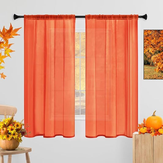 Sheer Curtains 84 Inches Long 2 Panels, Rod Pocket Short Curtain for Kitchen, Bedroom, Cafe Window(Burnt Orange 38" W x 84" L)