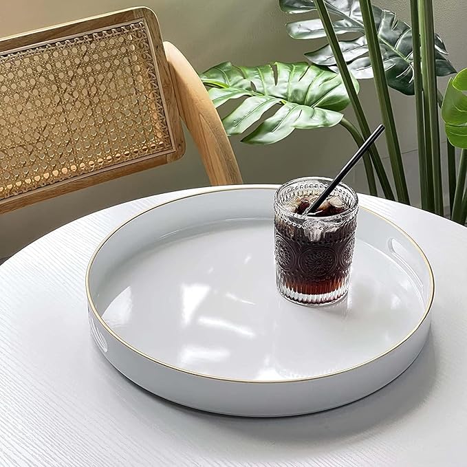 Zosenley Decorative Tray, Round Plastic Tray with Handles, Modern Vanity Tray and Serving Tray for Ottoman, Coffee Table, Kitchen and Bathroom, Size 13” (White)