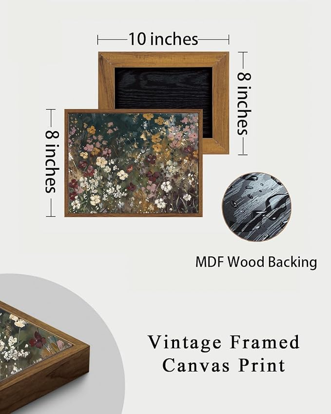 KISSFOX Vintage Floral Framed Wall Art Moody Wildflower Field Canvas Wall Art Neutral Farmhouse Serene Countryside Paintings Artwork Rustic Art Prints For Bedroom Living Room