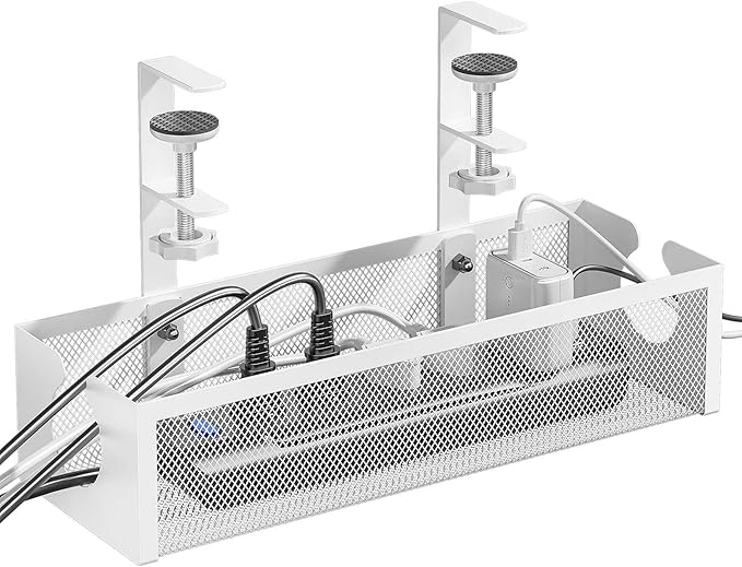 DELAMU Under Desk Cable Management Tray, No Drill Metal Mesh Cable Management Under Desk with F-Clamp Mount & 2 Open Holes, Cord Organizer for Home Office, 1 Pack, White
