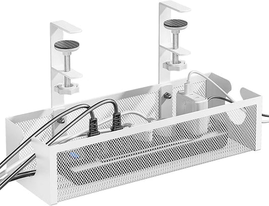 DELAMU Under Desk Cable Management Tray, No Drill Metal Mesh Cable Management Under Desk with F-Clamp Mount & 2 Open Holes, Cord Organizer for Home Office, 1 Pack, White