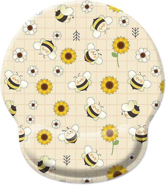 Sunflower Bee Ergonomic Mouse Pad with Wrist Rest, Cute Gel Mousepad Wrist Support, Computer Gaming Mouse Pad with Pain Relief Non-Slip PU Base for Desk Accessories Office Decor Supplies